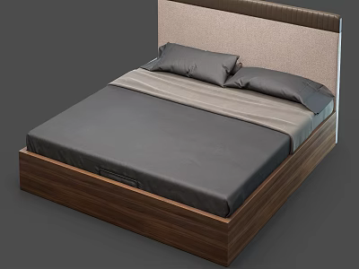 Double Bed With Wooden Frame Light Colored Headboard Gray Mattress And Pillows 3d model