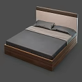 Double Bed With Wooden Frame Light Colored Headboard Gray Mattress And Pillows