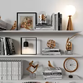 Stylish Wall Mounted Storage Shelf With Books Decorative Lamps Sculptures And Picture Frames