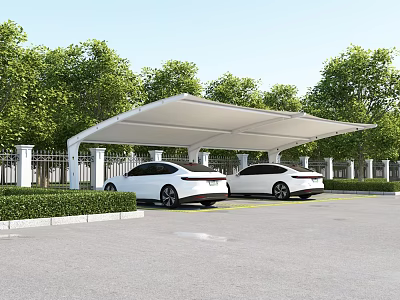 Modern Carport Canopy Covering Two White Cars in Parking Lot With Trees and Fence 3d model