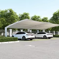 Modern Carport Canopy Covering Two White Cars in Parking Lot With Trees and Fence