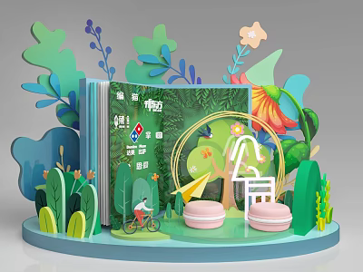 Floral Display with 3D Book Green Plants Flowers Circular Decor Macaron Shapes and Miniature Figure 3d model