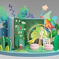 Floral Display with 3D Book Green Plants Flowers Circular Decor Macaron Shapes and Miniature Figure