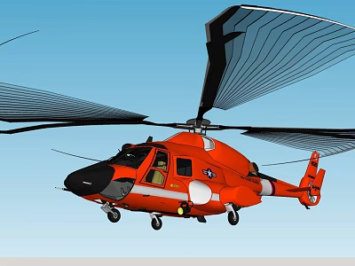 Orange Helicopter In Flight With Black Rotors Against Clear Blue Sky 3d model