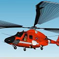 Orange Helicopter In Flight With Black Rotors Against Clear Blue Sky