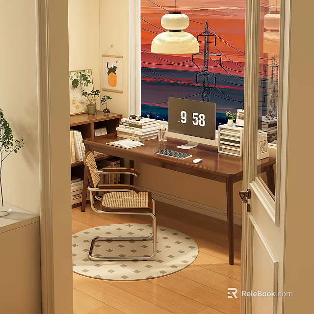 Cozy Wooden Desk with Computer Monitor Books Lamp Chair and Sunset View by Window 3d model 