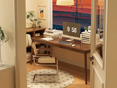Cozy Wooden Desk with Computer Monitor Books Lamp Chair and Sunset View by Window 3d model