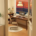 Cozy Wooden Desk with Computer Monitor Books Lamp Chair and Sunset View by Window