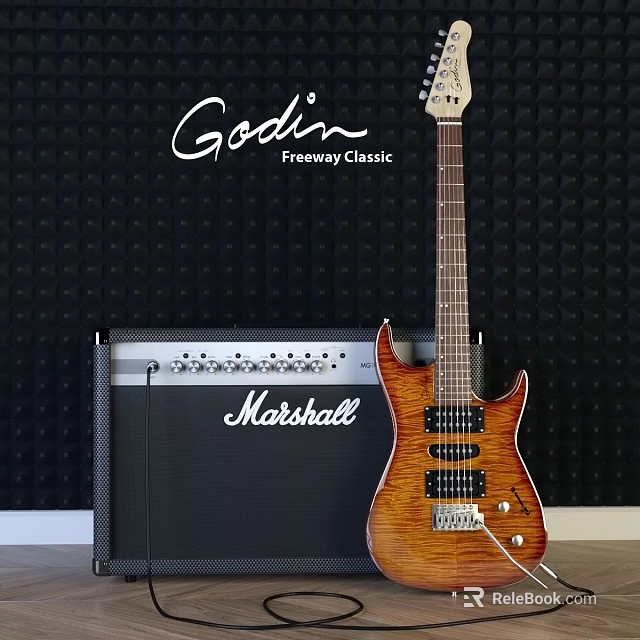 Godin Freeway Classic Electric Guitar With Marshall Amplifier In Music Studio Setup 3d model 