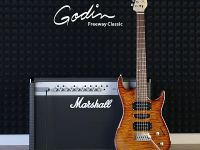 Godin Freeway Classic Electric Guitar With Marshall Amplifier In Music Studio Setup 3d model
