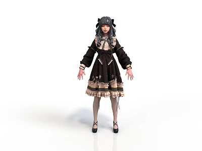 Child in Black Dress with Lace Trim and Pigtails Standing Position 3d model
