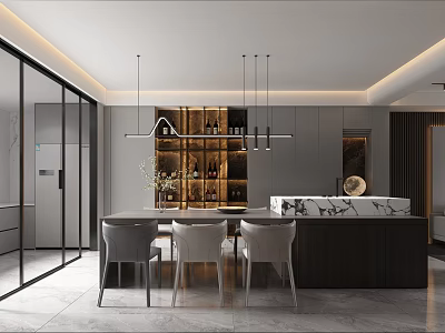 Modern Restaurant Interior With Dining Table Chairs Pendant Lights And Wine Rack 3d model