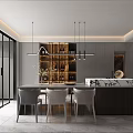Modern Restaurant Interior With Dining Table Chairs Pendant Lights And Wine Rack 3d model