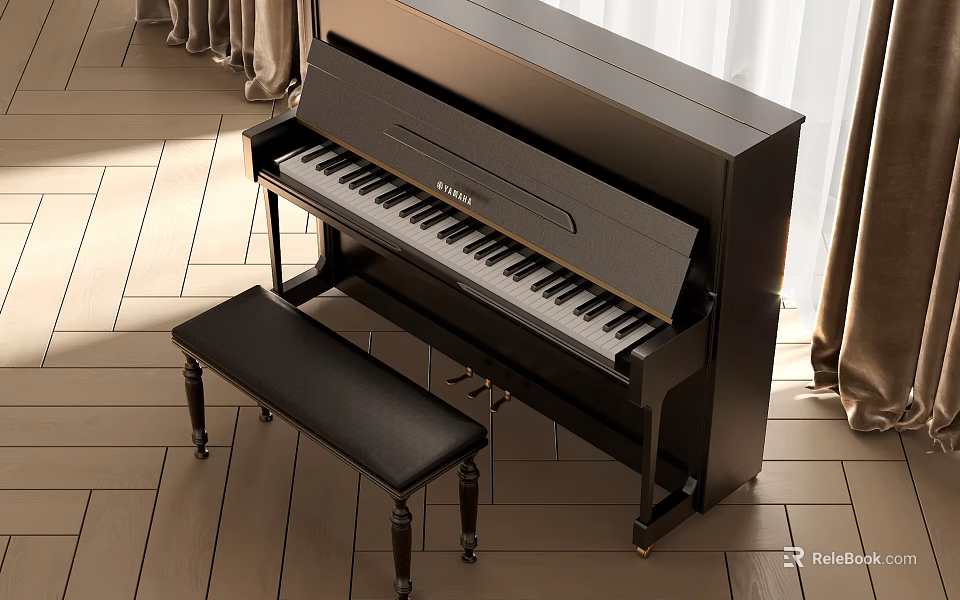 Black Upright Piano With Bench In Room With Curtains And Tile Flooring 3d model 