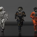 Three Astronauts In White Dark And Orange Spacesuits Running On Dark Studio Background