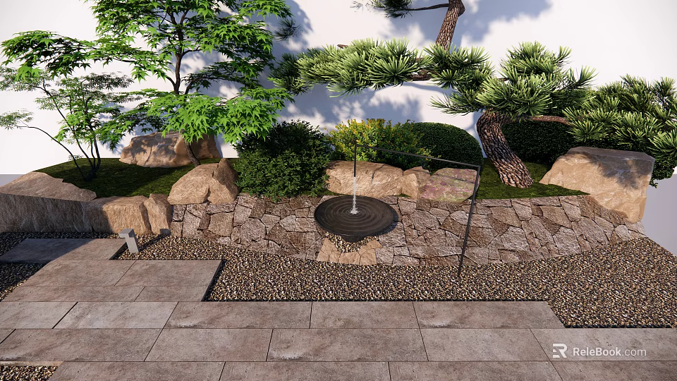Lush Garden Landscape With Trees Rocks Stone Wall Pavement Bushes And Water Feature 3d model 