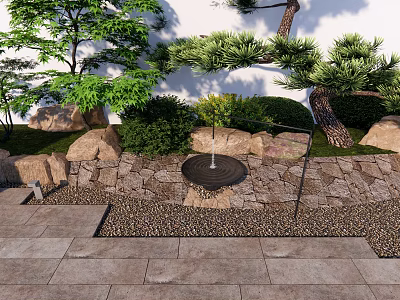 Lush Garden Landscape With Trees Rocks Stone Wall Pavement Bushes And Water Feature 3d model