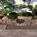 Lush Garden Landscape With Trees Rocks Stone Wall Pavement Bushes And Water Feature