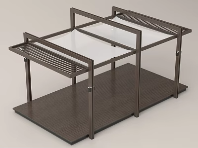 Modern Metal Frame Storage Shelf With Wooden Surface Glass Panel And Grid Design 3d model