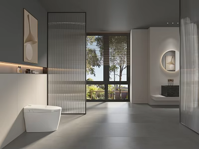 Modern Bathroom Interior With Glass Partition Large Window Round Mirror White Toilet And Grey Floor 3d model