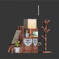 Vintage Wooden Furniture Collection Featuring Easel Desk Table Lamp Small Stool Potted Plant And Cabinet