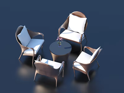 Four Modern Leisure Chairs With White Cushions Round Table And Flower Vase Display Setting 3d model