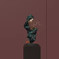 Artistic Blue Green Sculpture with Intricate Carving Floral Decor and Fruit on Black Wooden Base