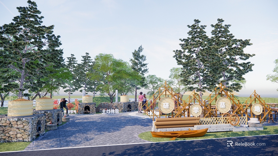 Park Landscape With Lush Green Trees Playground Structures Boat Shaped Installation And Stone Paved Pathway 3d model 