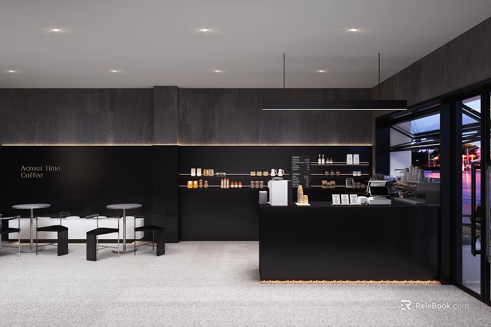 Modern Black Themed Café Interior With Sleek Counter Tables Chairs And Product Shelves 3d model 