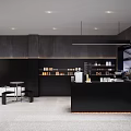 Modern Black Themed Café Interior With Sleek Counter Tables Chairs And Product Shelves