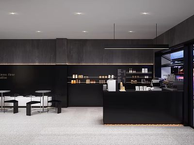 Modern Black Themed Café Interior With Sleek Counter Tables Chairs And Product Shelves 3d model
