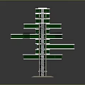 Cartoon Style Building Model With Multi Layered Structure Green Roofs And Black Pillars