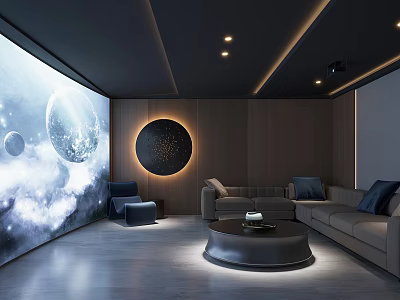 Home Theater Design with Large Screen Starry Sky Wooden Wall Gray Sofa Round Coffee Table 3d model