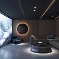 Home Theater Design with Large Screen Starry Sky Wooden Wall Gray Sofa Round Coffee Table