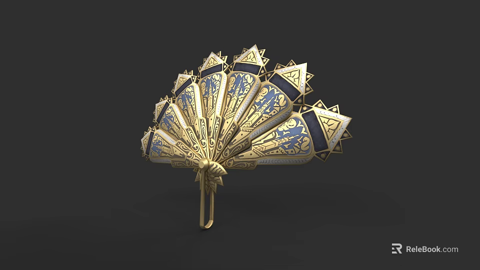 Fan Shaped Golden Blue Sculpture With Intricate Patterns And Geometric Designs 3d model 