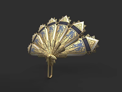 Fan Shaped Golden Blue Sculpture With Intricate Patterns And Geometric Designs 3d model