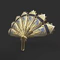 Fan Shaped Golden Blue Sculpture With Intricate Patterns And Geometric Designs
