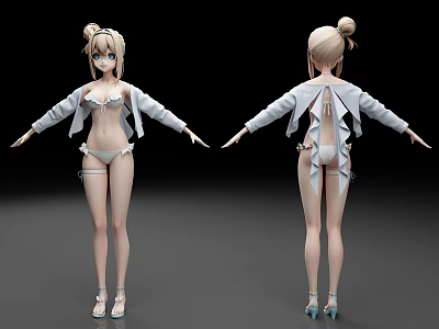 3D Character Model With Blonde Hair Bun White Jacket Bow Back Design Front Back Views 3d model