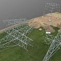 Scenic Grassy Field Featuring Steel Lattice Towers And Yellow Excavator