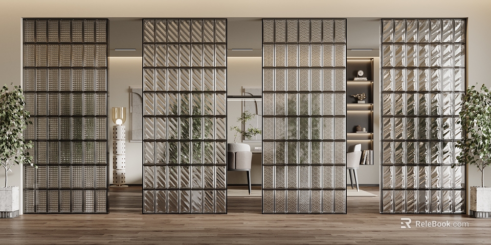 Geometric Pattern Glass Room Divider In Modern Interior Space With Plants And Furniture 3d model 