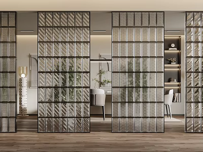 Geometric Pattern Glass Room Divider In Modern Interior Space With Plants And Furniture 3d model
