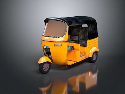 Yellow Three Wheeled Tuk Tuk With Black Roof Seats And Reflective Surface 3d model