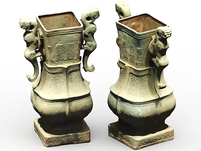Two Traditional Ceramic Vessels With Animal Shaped Handles Square Mouths And Ornate Pedestals 3d model