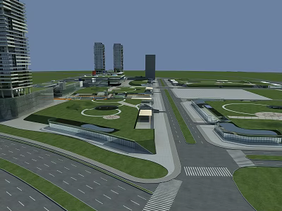 Modern Urban Commercial Street With Tall Buildings Green Lawns And Pedestrian Areas 3d model