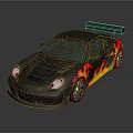 Stylish Black Sports Car Exterior With Flame Decals And Rear Spoiler