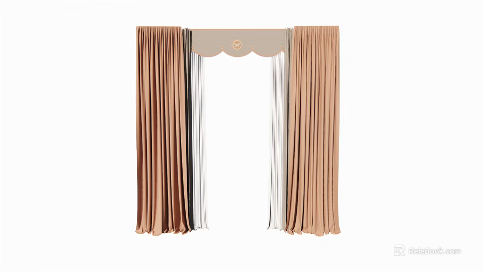 Brown Velvet Curtains With Layered Sheer Panels And Decorative Valance Design 3d model 