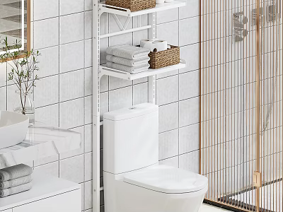 White Bathroom Storage Rack With Towels And Baskets Near Toilet On Tile Wall 3d model