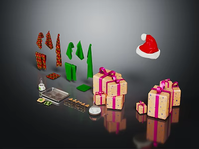 Christmas Decorative Household Items With Gift Boxes Santa Hat And Green Tree Ornaments 3d model