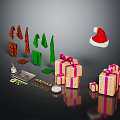 Christmas Decorative Household Items With Gift Boxes Santa Hat And Green Tree Ornaments