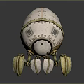 Game Movie Character Mechanical Creature With Oval White Shell Metal Legs And Blue Glowing Eyes